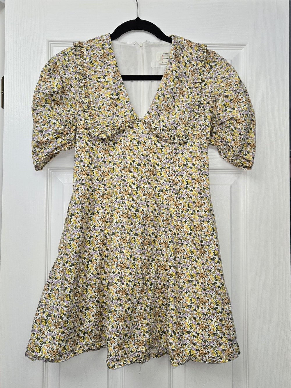 Anthropologie Floral Puff Sleeve Cottagecore Statement Collar Mini Dress Sz 00P